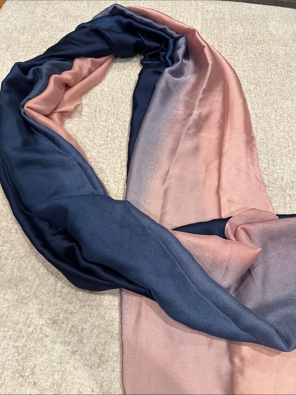 100% silk  Navy and Blush Satin Wrap Scarf 73x17 aprox